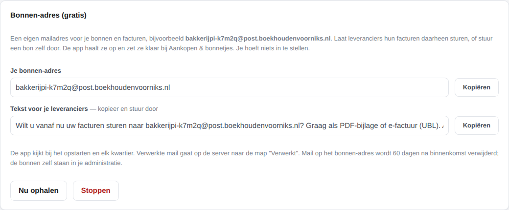 Het bonnen-adres in Instellingen → E-mail: het adres om te kopiëren, een tekst voor je leveranciers en de knoppen Nu ophalen en Stoppen