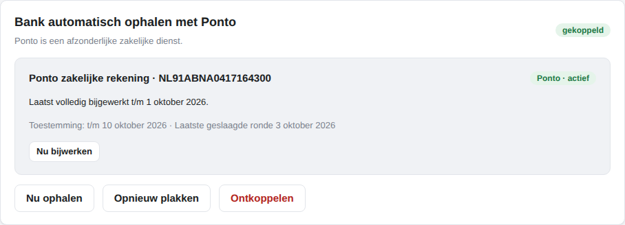De kaart op Bank na het koppelen: status, toestemming tot een datum en de knoppen Nu ophalen en Ontkoppelen